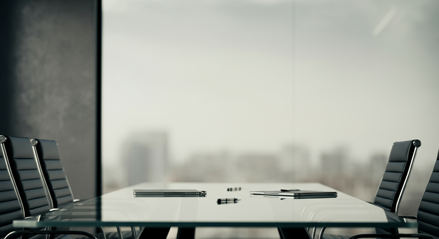 Empty conference room with a white table, black chairs, and office supplies, with a cityscape blurry through a large window.