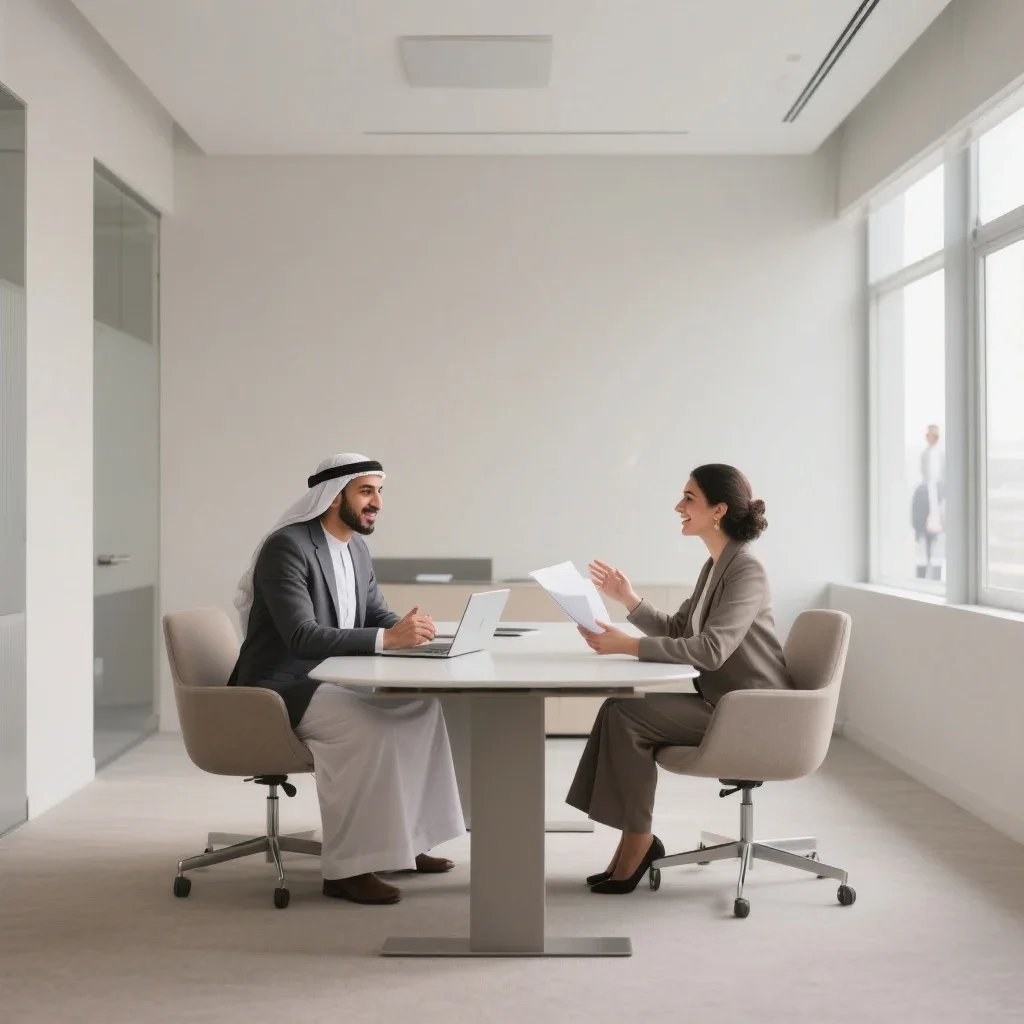 A man wearing traditional Arab clothing and a woman in business attire having a meeting in a modern office with large windows.