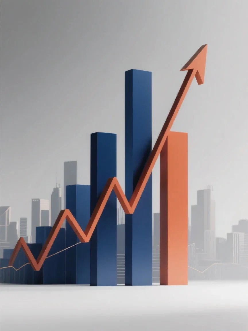 Graph with blue and orange bars showing growth, overlaid with an upward trending orange arrow, with a city skyline in the background.