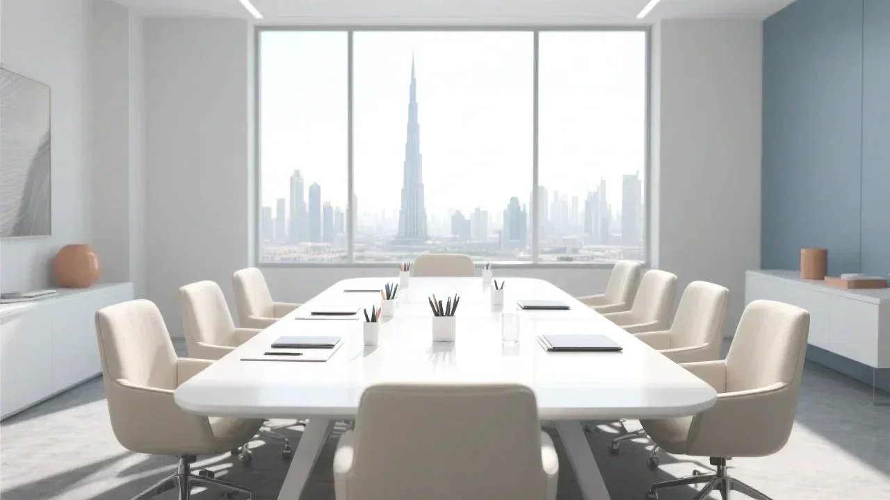 Modern conference room with a sleek white table and beige chairs, neatly arranged with office supplies and tablets, set against large windows showcasing a clear view of the Dubai skyline with the Burj Khalifa in the center.